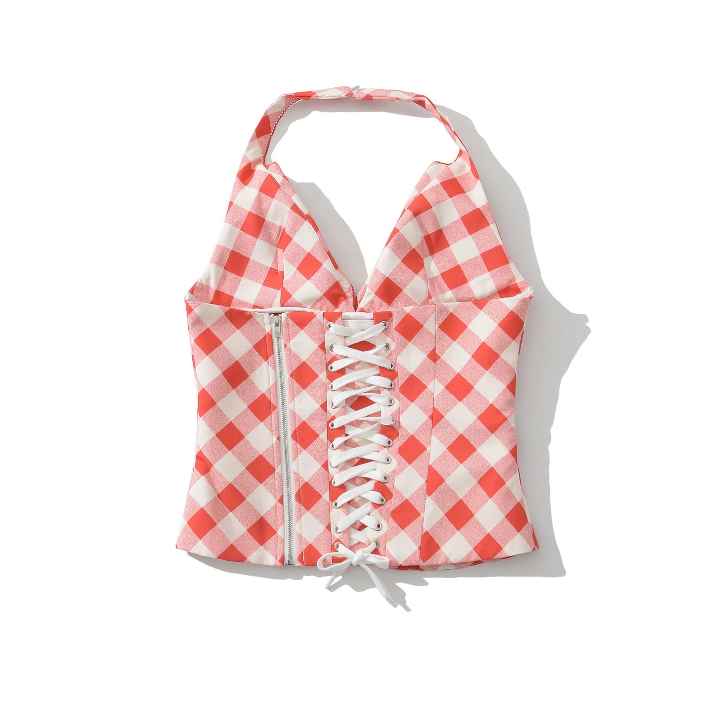 Modieuze rode geruite crop top met open rug en strikdetail