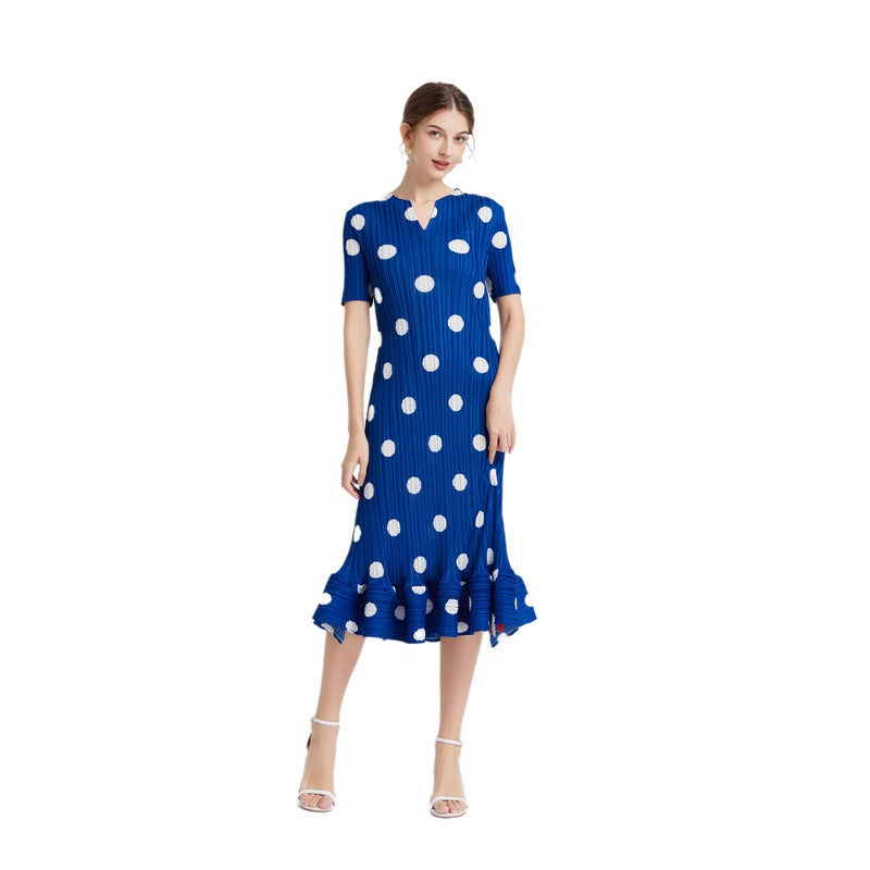Dress for women with polka dot print, elegant, loose, slim, short-sleeved, summer pleated A-line skirt