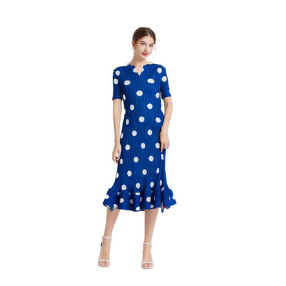 Dress for women with polka dot print, elegant, loose, slim, short-sleeved, summer pleated A-line skirt
