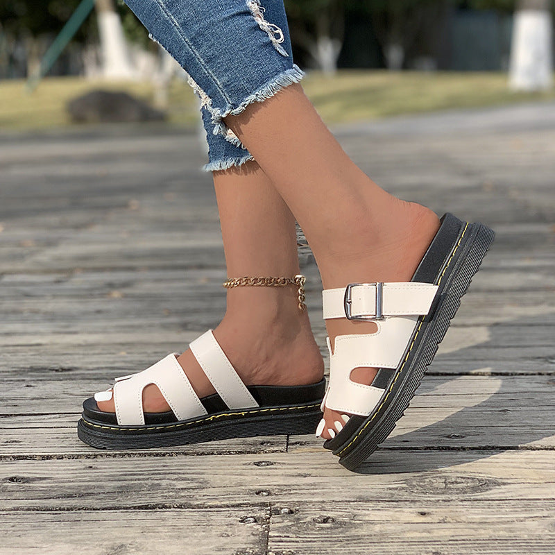Women's Thick-Soled One-Word Buckle Casual Slippers