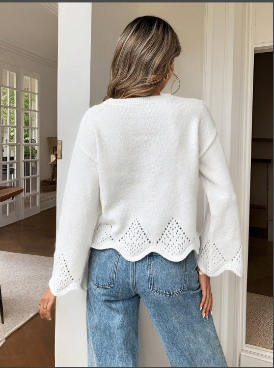 Womens Plus Size Sweater with Hollow Out Irregular Hem Round Neck Knit Top