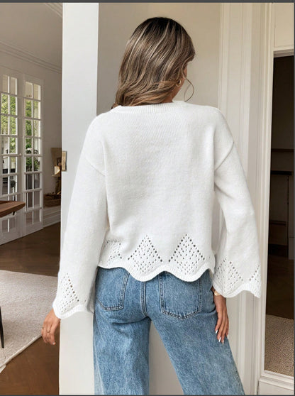 Womens Plus Size Sweater with Hollow Out Irregular Hem Round Neck Knit Top
