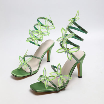 Roman Rhinestone Winding Thin Heel Sandals