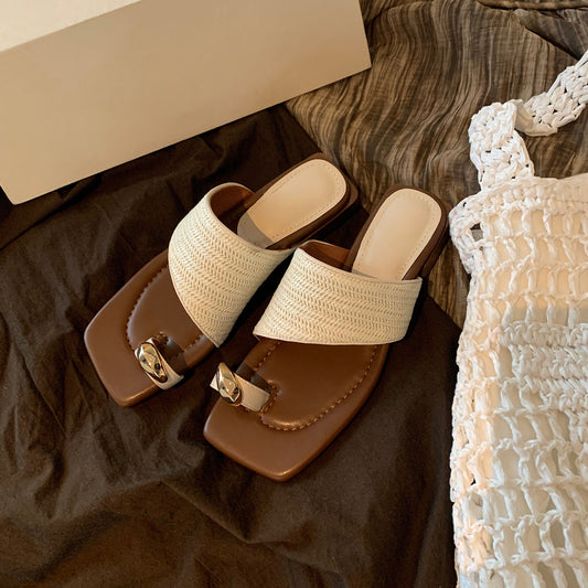 Womens Thick Heel Straw Thong Slippers Summer French Style Sandals