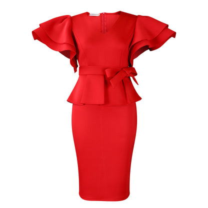 Elegant dress with lotus-leaf trim and solid color
