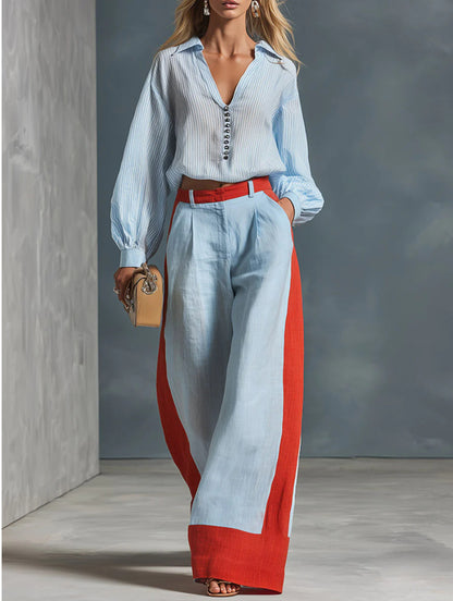Womens Long Sleeve Shirt Wide Leg Pants Suit