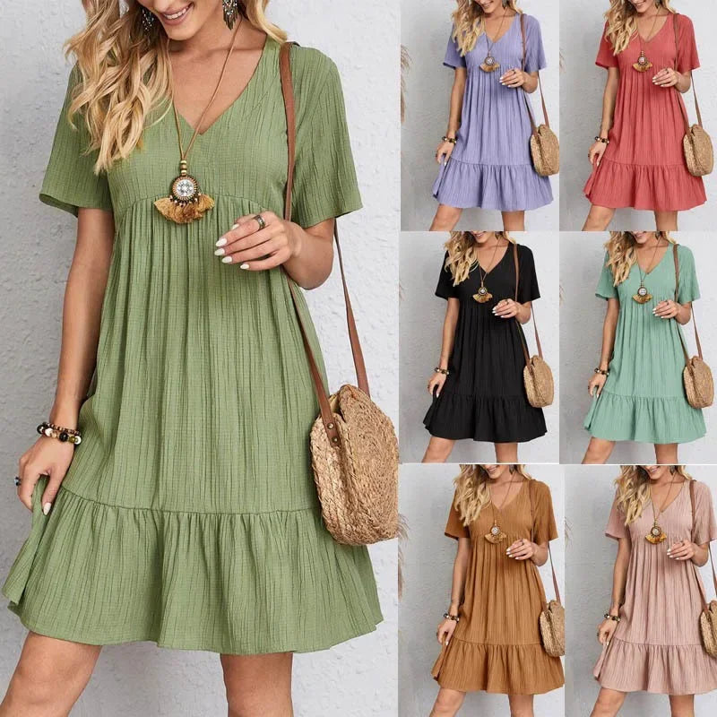 Plus size zomerjurk met structuur en korte mouwen in Europese en Amerikaanse stijl