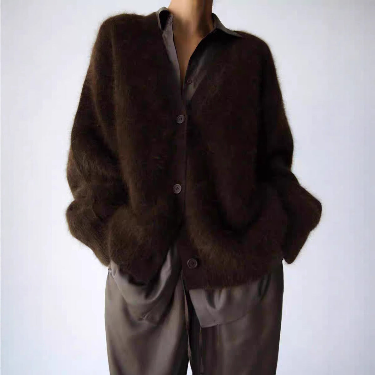 Women's Imitation Mink Fur V-Neck Long Sleeve Knit Cardigan Sweater