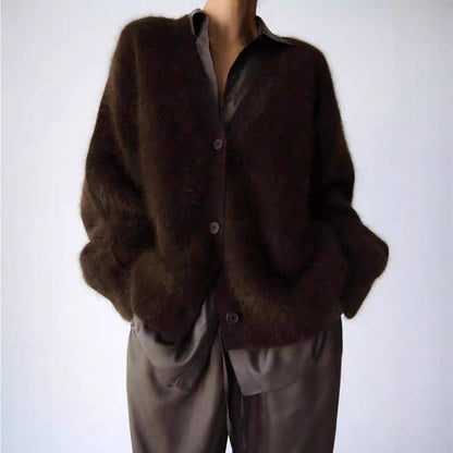 Women's Imitation Mink Fur V-Neck Long Sleeve Knit Cardigan Sweater
