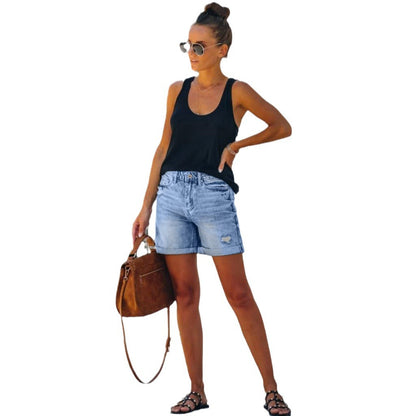 Women's Denim Shorts with Ripped Details and Tassels