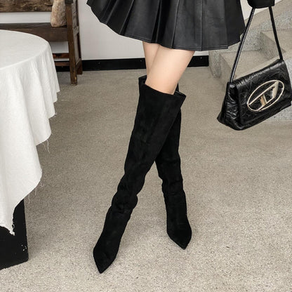 Womens Pointed Toe Knee High Suede Boots