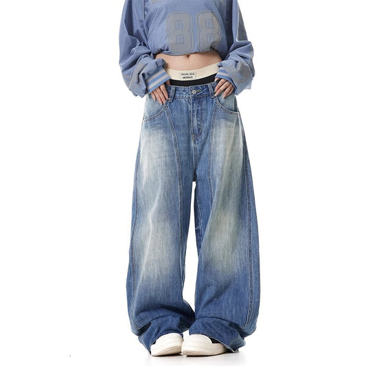 Vintage Washed Lightning Pattern Deconstructed Knife-Edge Jeans Women's Loose 3D Cut Oversized Banana Long Pants