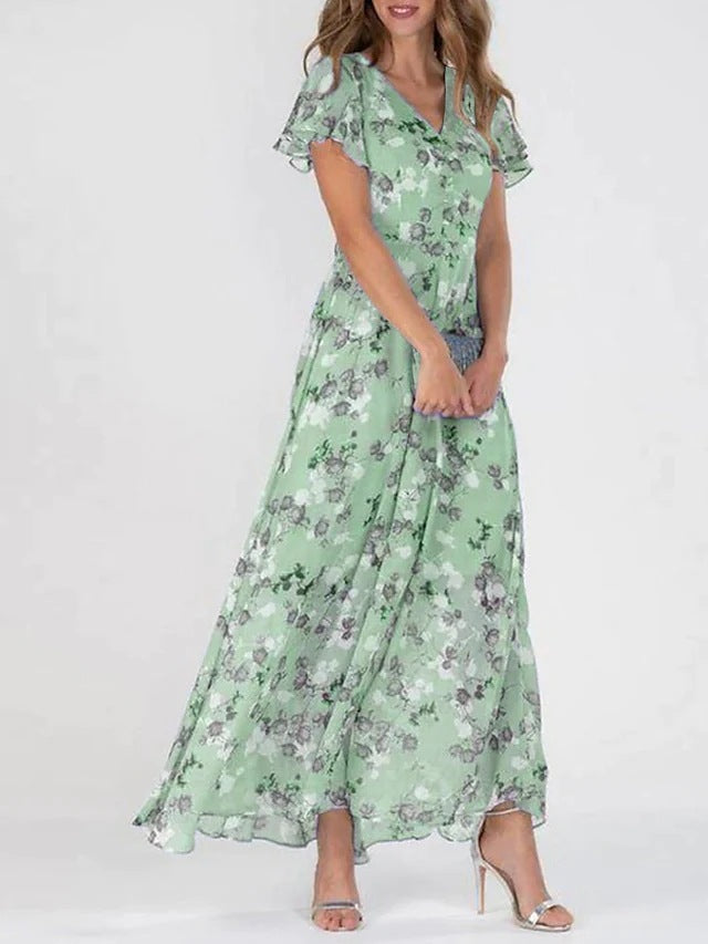 Womens Floral Print Chiffon V Neck Ruffled Swing Dress Short Sleeve Midi Beach Long Dress