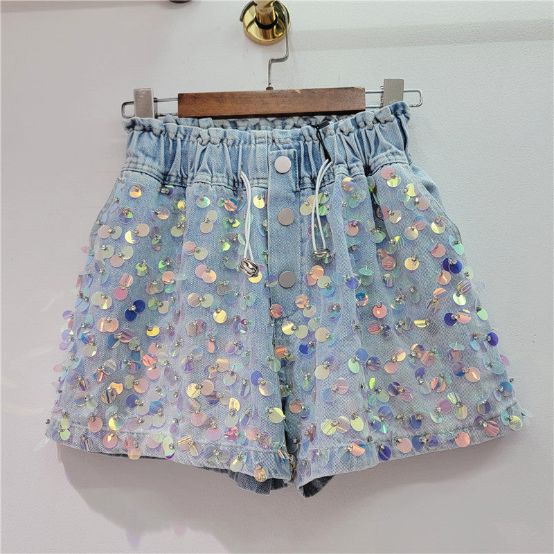 Summer new handmade beaded high waist slimming wide leg denim shorts for women