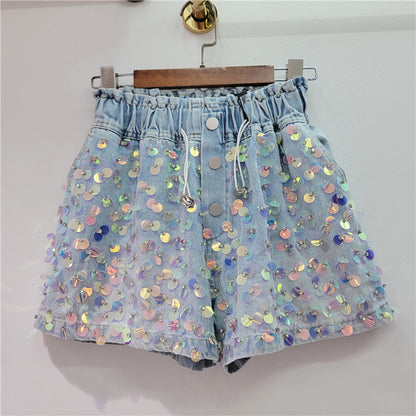 Summer new handmade beaded high waist slimming wide leg denim shorts for women