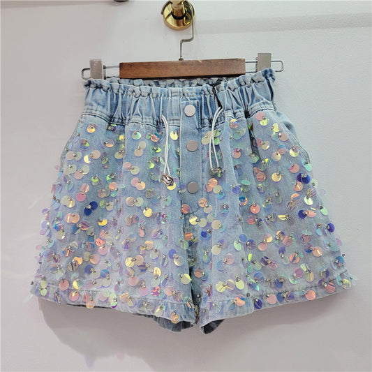 Summer new handmade beaded high waist slimming wide leg denim shorts for women