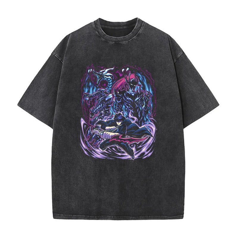 Summer New Anime Solo Leveling Printed T-Shirt Summer Cotton Washed Vintage Short Sleeve