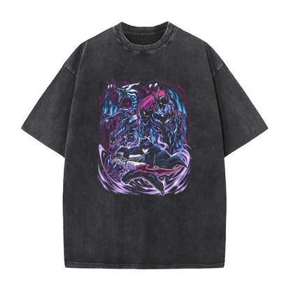 Summer New Anime Solo Leveling Printed T-Shirt Summer Cotton Washed Vintage Short Sleeve