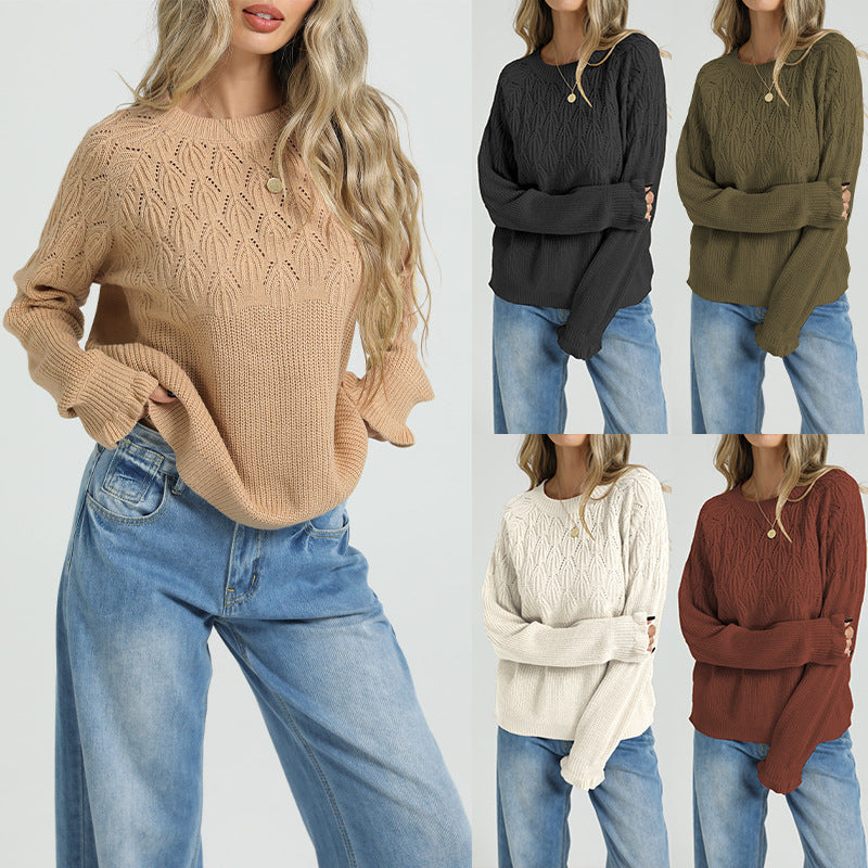 Women's Loose Round Neck Long Sleeve Solid Thick Knit Pullover Sweater