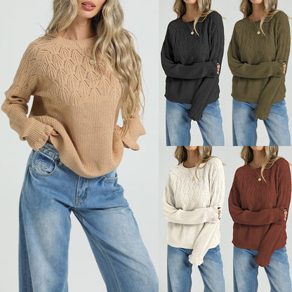 Women's Loose Round Neck Long Sleeve Solid Thick Knit Pullover Sweater