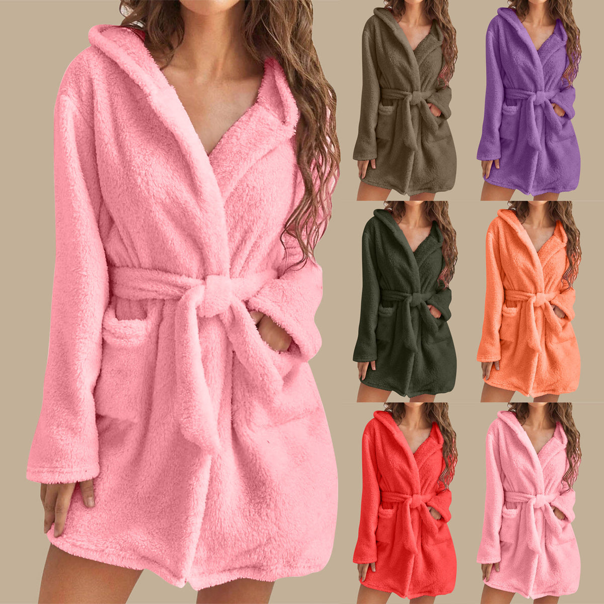 Womens Plush Hooded Bathrobe Warm Homewear