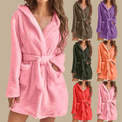 Womens Plush Hooded Bathrobe Warm Homewear