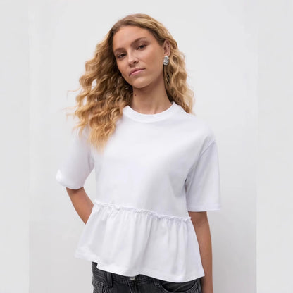Style Pure Cotton Round Neck Pleated T-Shirt Women's Soft Loose Casual Versatile Top