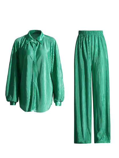 Casual geplooide tweedelige set voor dames: overhemd met revers lange mouwen en broek met rechte pijpen