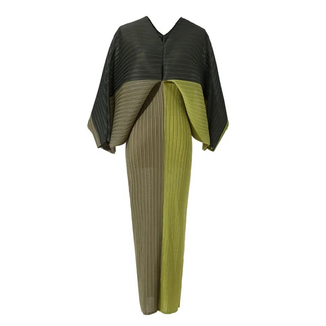 Women Elegant Pleated Dress Batwing Sleeve V-neck Patchwork Straight Dresses  Summer Female Fashion Clothing