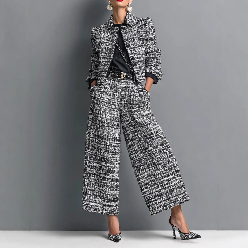 Women Lapel Short Jacket Wide Leg Pants Suit Two Piece Set