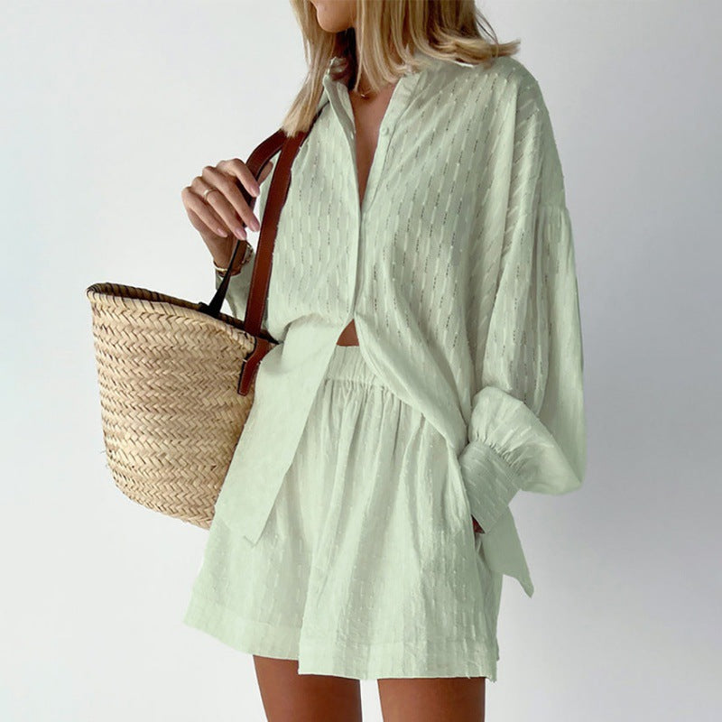 Dames jacquard blouse met lange pofmouwen en bijpassende shorts