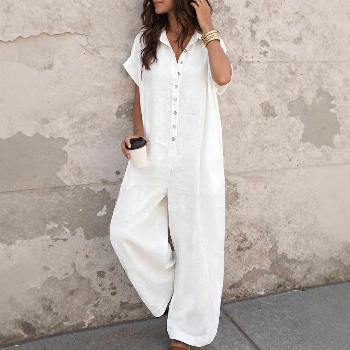 Short Sleeve Button Front Loose Fit Jumpsuit
