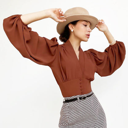 Womens Lantern Sleeve V-Neck Blouse