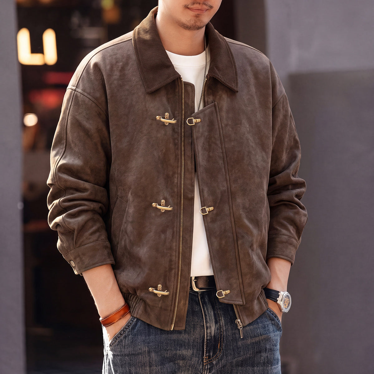 Men Vintage Turntable Collar PU Leather Jacket