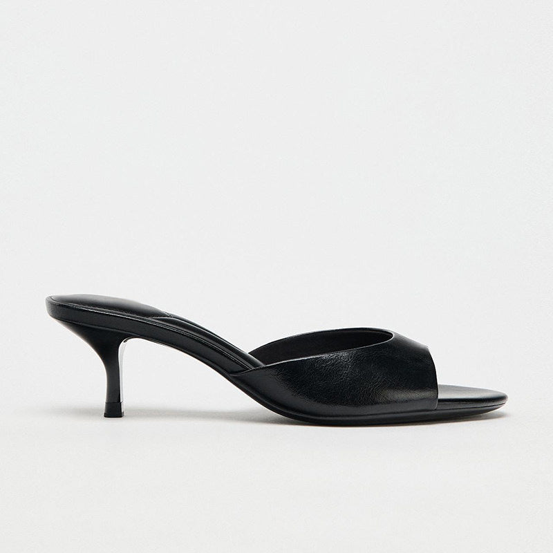 Black Stiletto High Heels Half-Mule Peep-Toe Low-Heeled Sandals for Women