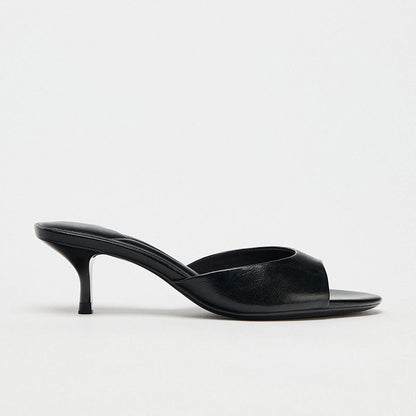 Black Stiletto High Heels Half-Mule Peep-Toe Low-Heeled Sandals for Women