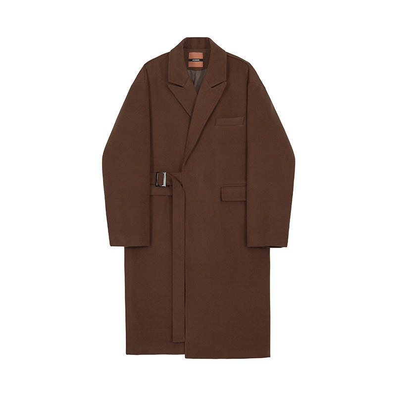 Trendy Korean version coat Trendy solid color minimalist medium length woolen coat Wide and thick coat