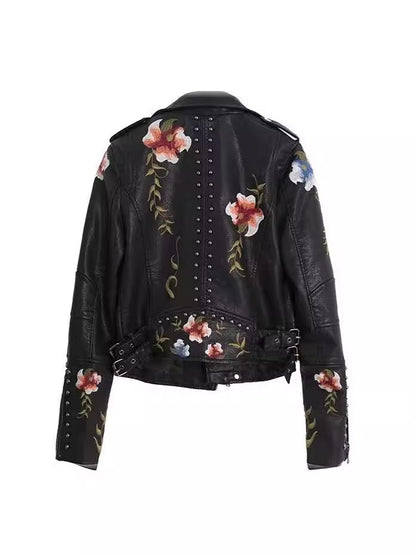 Embroidered Rivet Detail Leather Jacket