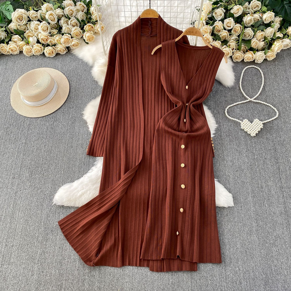 Elegant Knitted Shawl Jacket and Vest Dress Suit