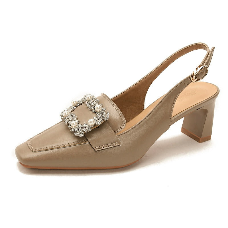 Genuine leather style square toe back empty single shoes with thick heels and one line buckle high heels
