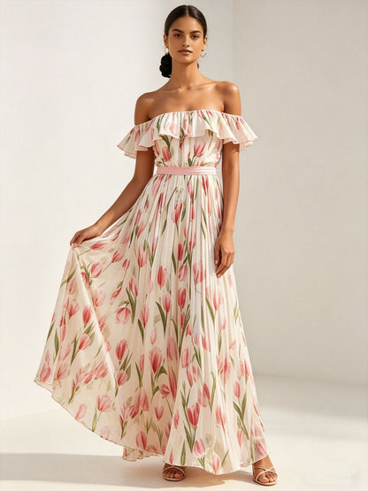 Printed long skirt with waist cinching and large swing dress