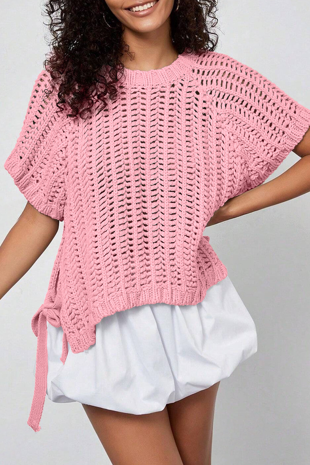 Plus size open gebreide trui met strik en korte mouwen