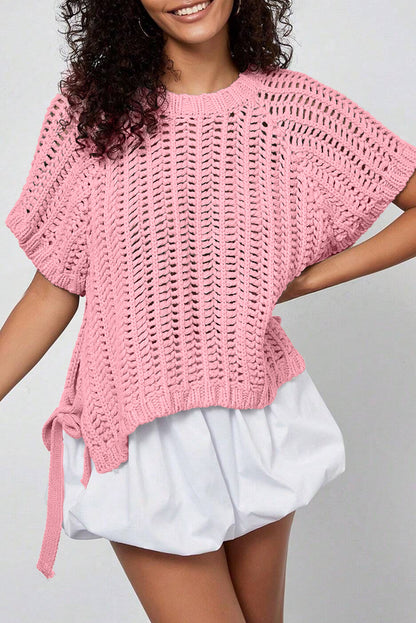 Plus size open gebreide trui met strik en korte mouwen