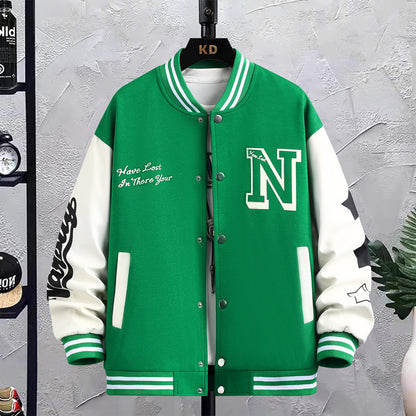 Letterprint Color Block Knoop Ronde Hals Baseball Jacket