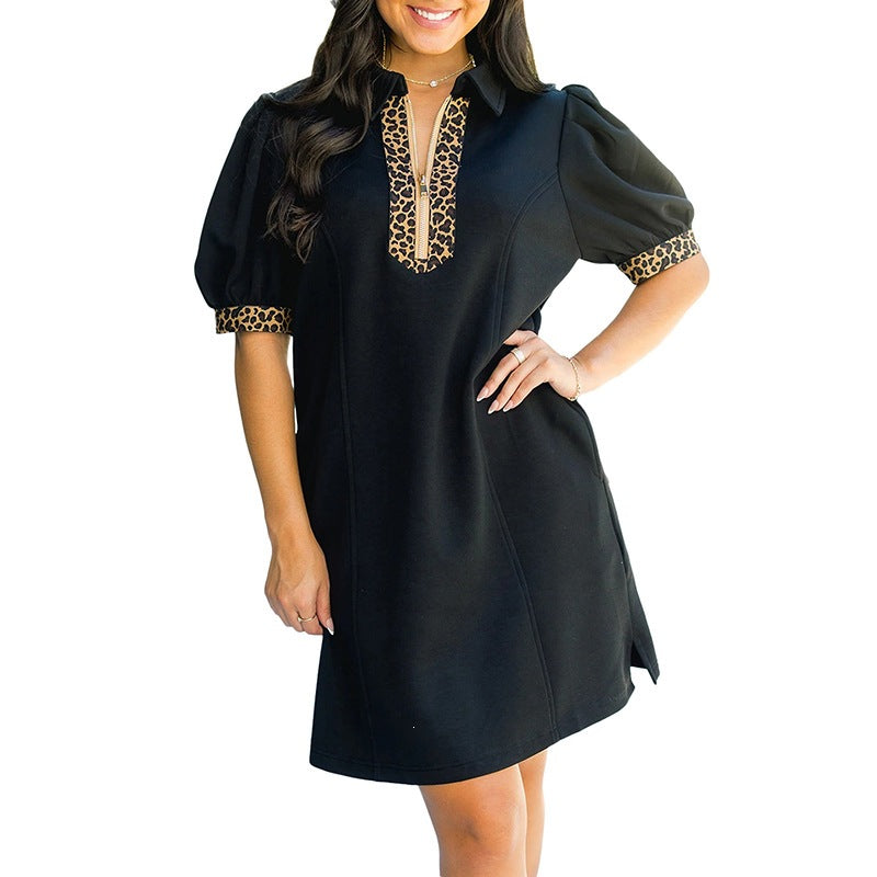 Summer Pullover Notched Collar Dress Women Casual Leopard Trim Short Dress