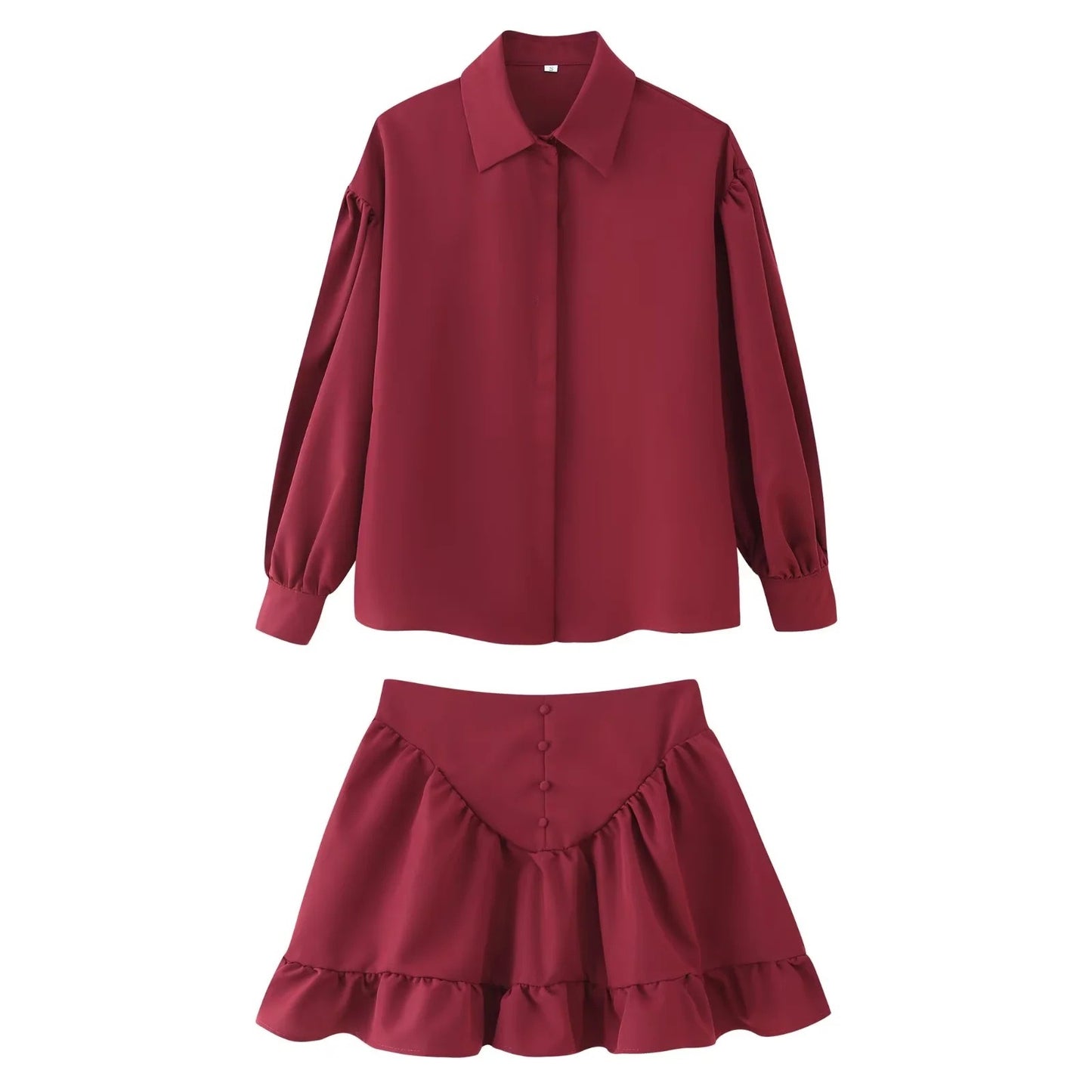 Women's Fashion Lapel Buttoned Blouse with Ruffle Hem Skirt Set