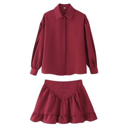 Women's Fashion Lapel Buttoned Blouse with Ruffle Hem Skirt Set