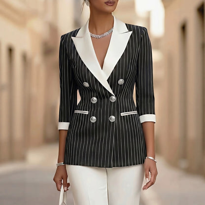 Style Black and White Thin Stripe Color-Blocked Notch Lapel Double-Breasted Three-Quarter Sleeve Suit Jacket for Women