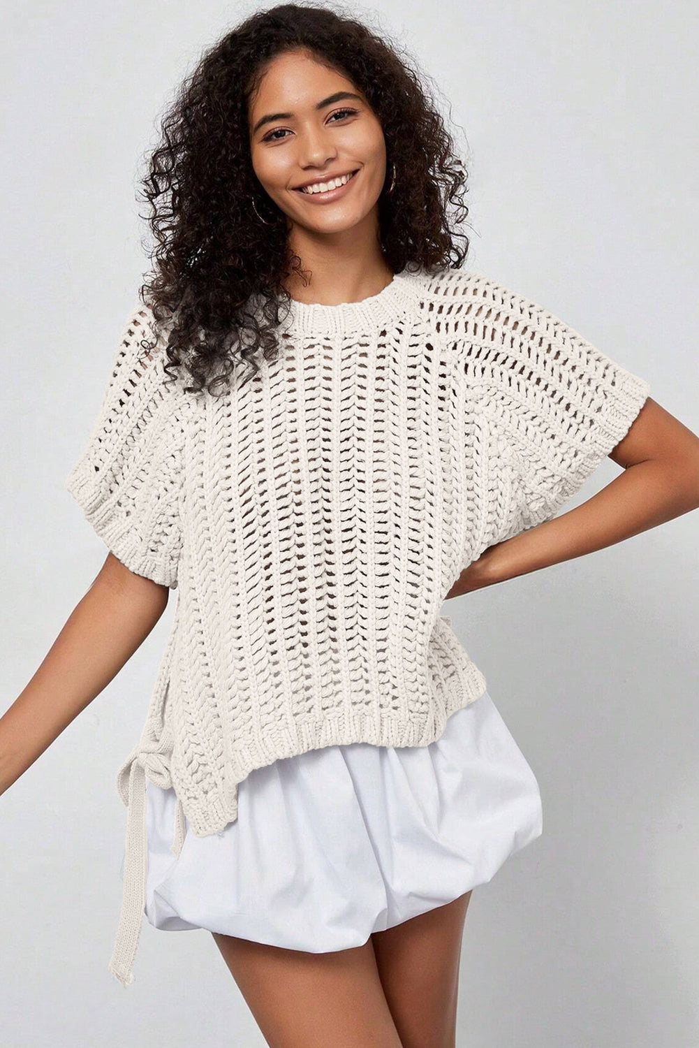 Plus size open gebreide trui met strik en korte mouwen