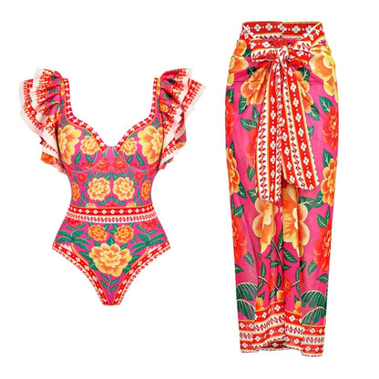 New Retro Flower Printed Ruffled One Piece Swimsuit and Skirt Summer Swimwear  Women  Beachwear Bathing Suit